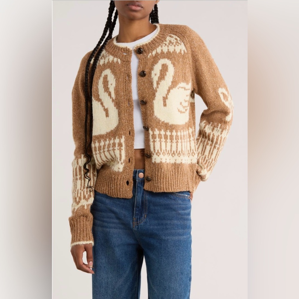 NWT Blu Pepper Golden Tan & Cream Swan Pattern Cardigan - M